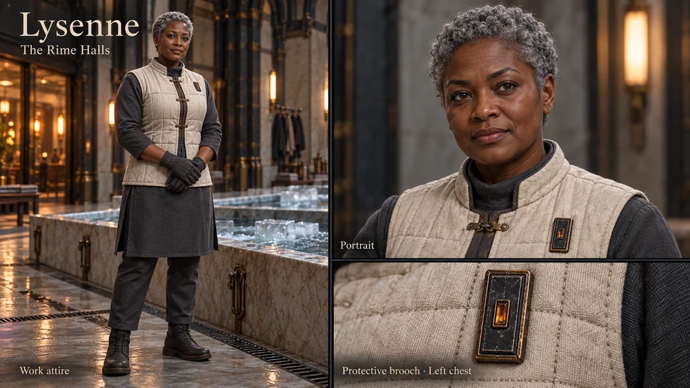 Lysenne in her slate work tunic and ivory vest, with portrait and rectangular brooch details.