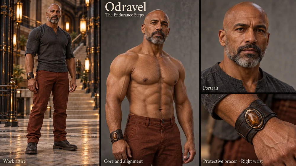 Odravel in his training clothes, with studies of his balanced physique, face and right-wrist protector.