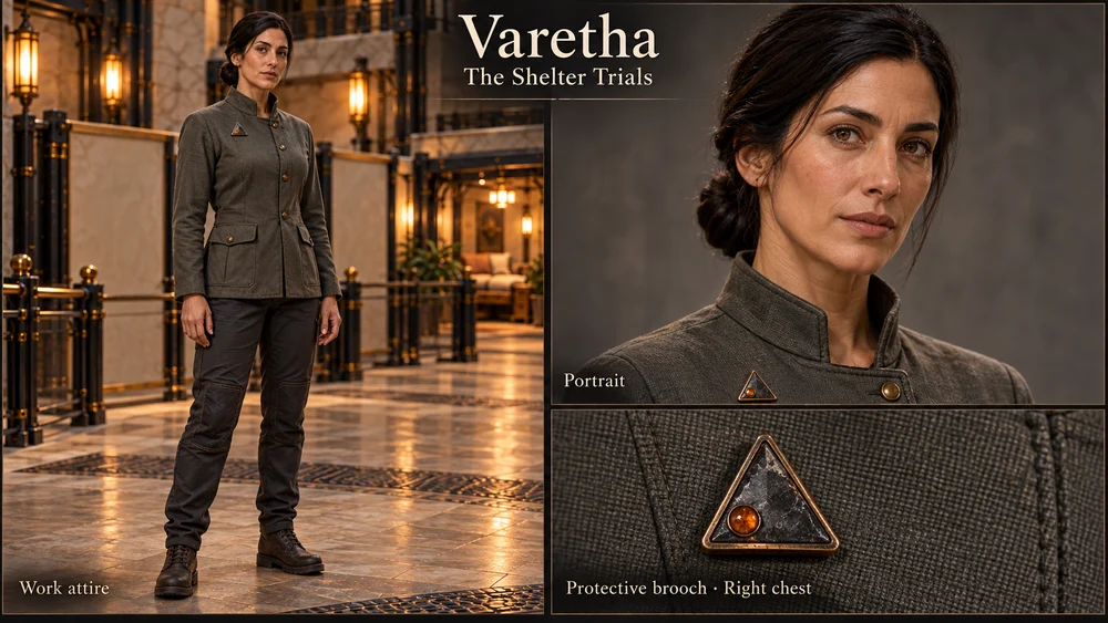 Varetha in a grey-green working jacket, with portrait and triangular brooch details.
