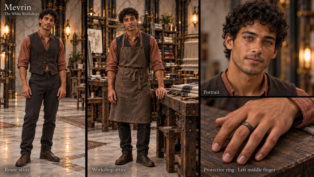 Mevrin in route clothes and a workshop apron, with portrait and left-hand ring details.