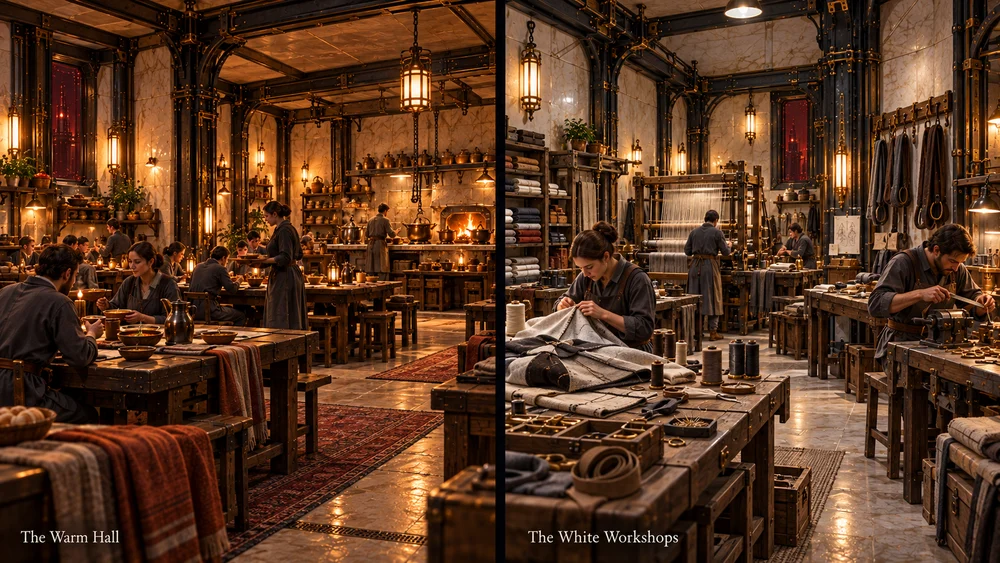 Separate views of the Warm Hall and the active White Workshops.