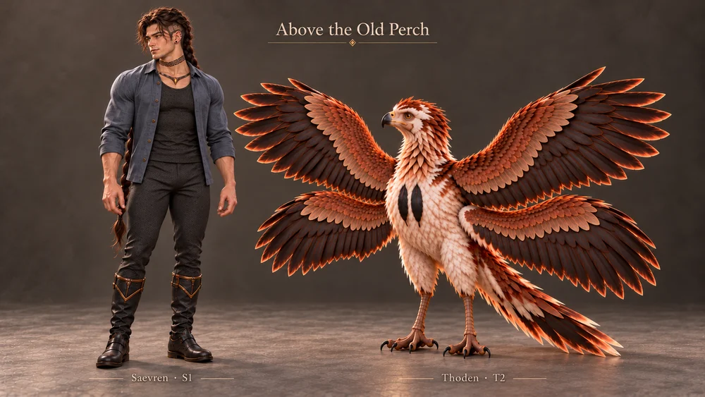 The intermediate-sized Thoden beside Saevren on a shared floor, with all four wings spread.