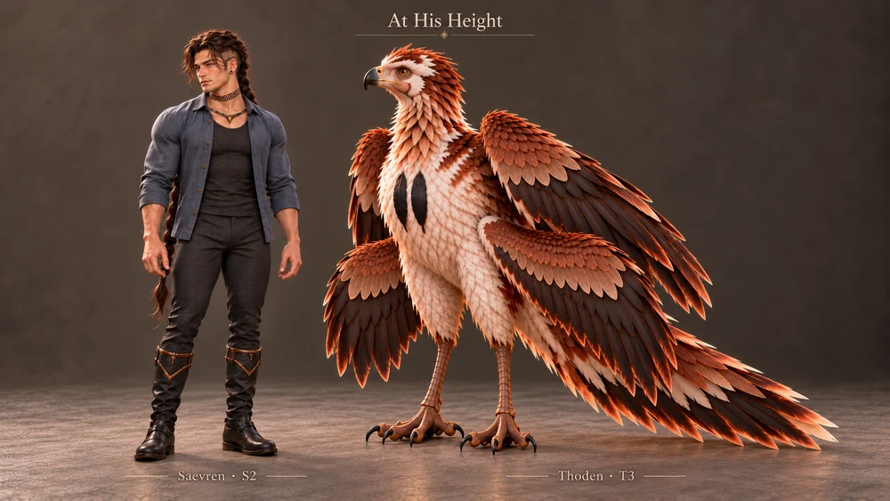 Thoden and Saevren standing at comparable head height with the bird's four wings partly folded.