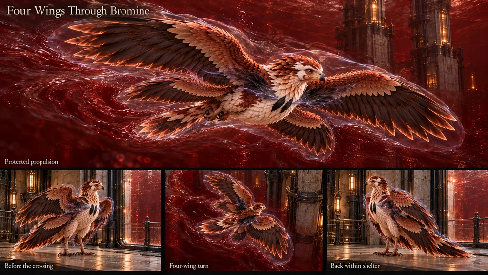 Thoden's four-winged flight through bromine, with a close protective field and separate dark magical forms.