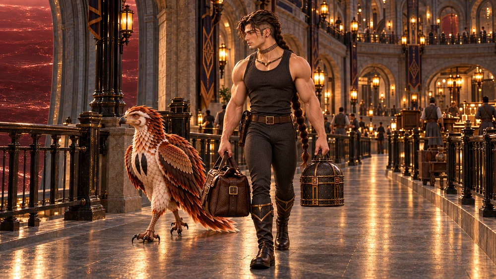 Saevren carries his luggage along a warm gallery with Thoden beside him.