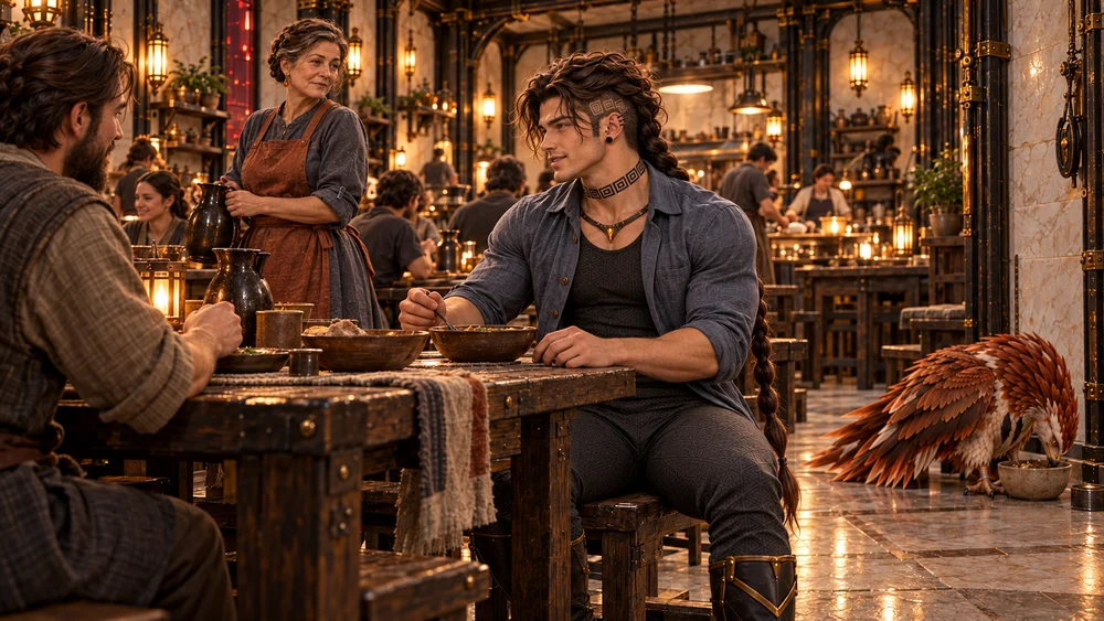 Saevren sits at a table in the Warm Hall as Nerysse works and Thoden eats nearby.