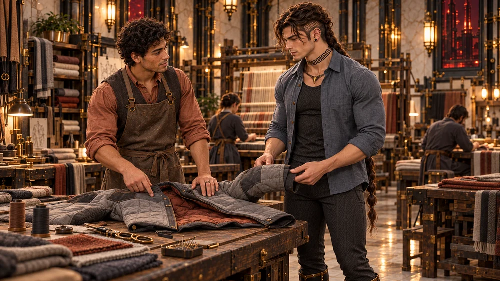 Mevrin shows Saevren the seams and lining of an insulated garment at a workshop bench.