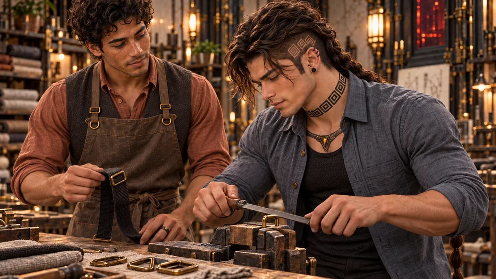 Saevren files a bronze buckle while Mevrin holds its separate woven strap.
