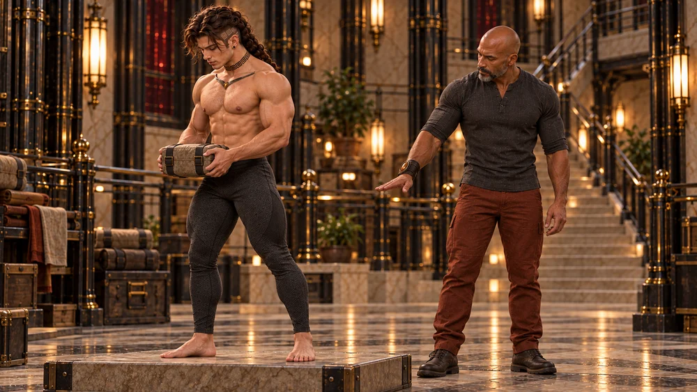 Saevren moves a compact training block while maintaining his stance under Odravel's observation.