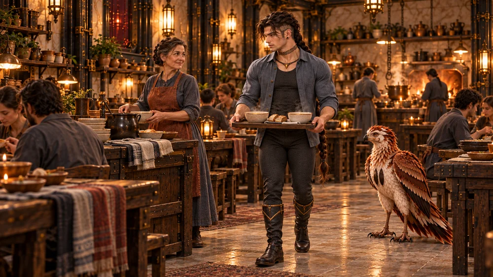 Saevren helps carry a tray through the active kitchens and warm common hall.