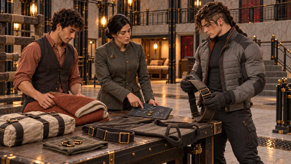 Varetha briefs Saevren and Mevrin beside laid-out shelter equipment.