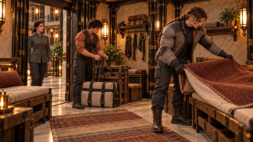 Saevren and Mevrin arrange their equipment inside a refuge while Varetha observes.