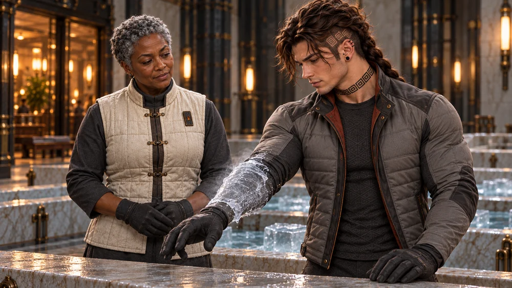A localised covering of ice forms around Saevren's forearm during a session with Lysenne.