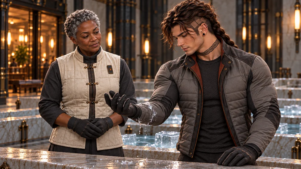 Saevren releases the ice from his forearm and relaxes his hand beside Lysenne.