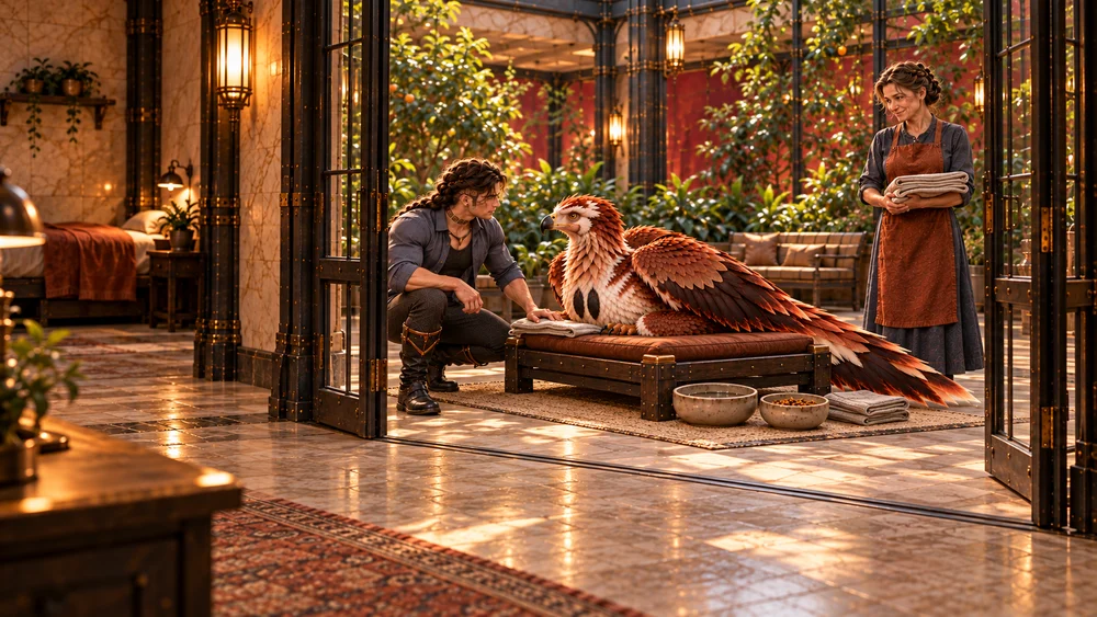 Saevren and Nerysse adapt Thoden's broad resting support in the protected patio.