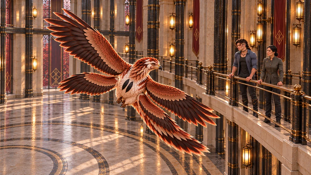 Thoden banks on four physical wings in a protected flight gallery as Saevren watches from a separate walkway.
