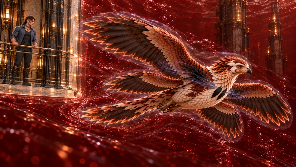 Thoden flies through red liquid bromine inside a protective field that follows his four wings and tail.