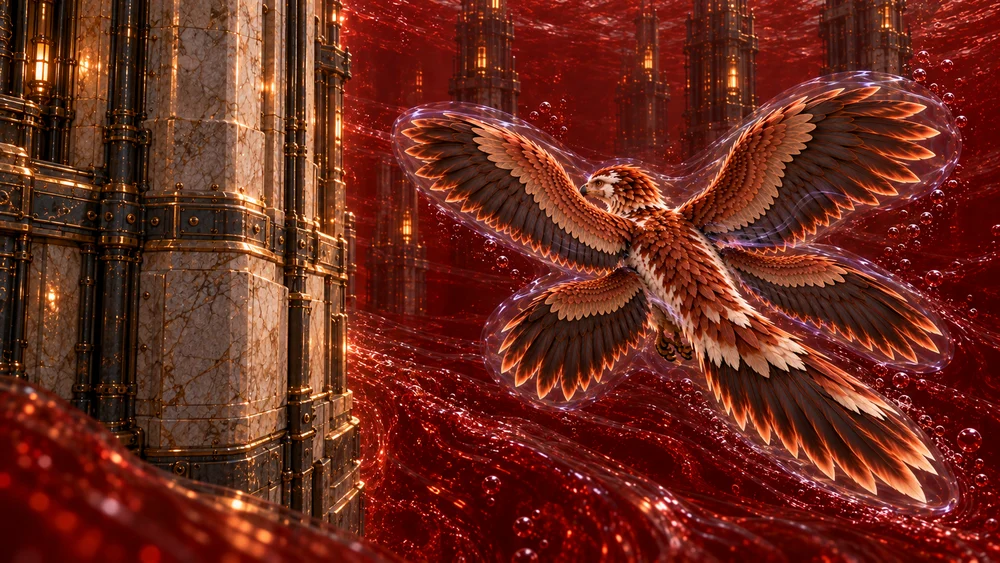 Thoden banks around an opaque buttress in the bromine, his protected four-winged body seen from behind.
