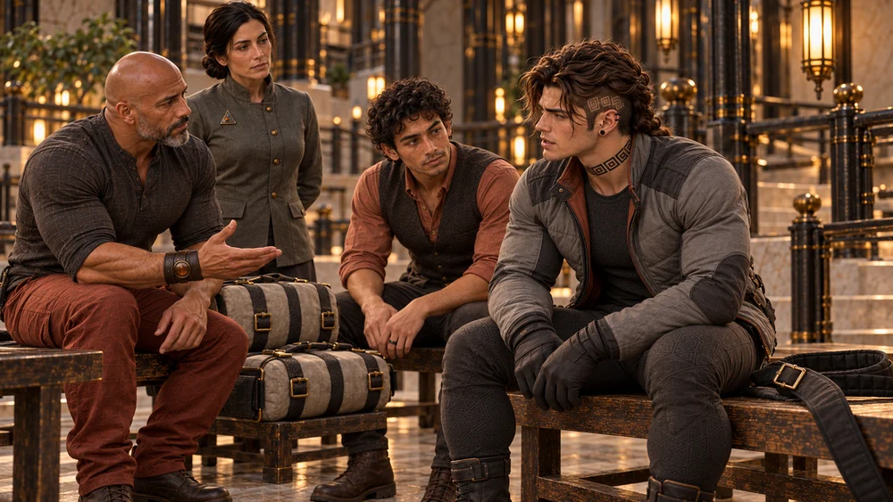 Seated Saevren looks up with concern during a conversation with Odravel, Varetha and Mevrin.