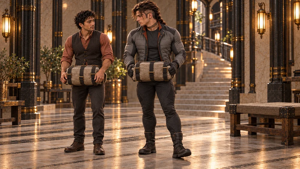 Saevren and Mevrin stand with their loads held close, preparing to move together.
