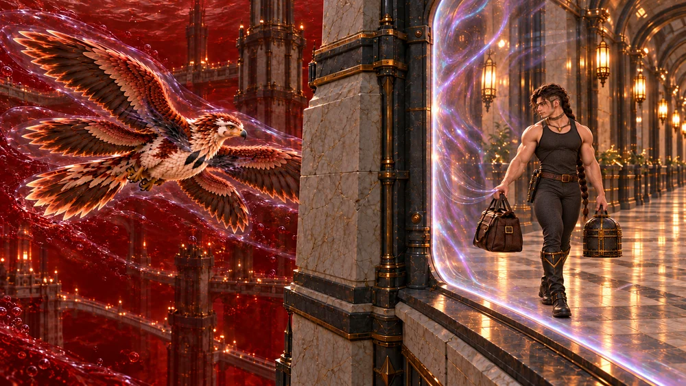 Saevren walks behind a magical gallery barrier as Thoden flies separately through bromine beyond an opaque buttress.