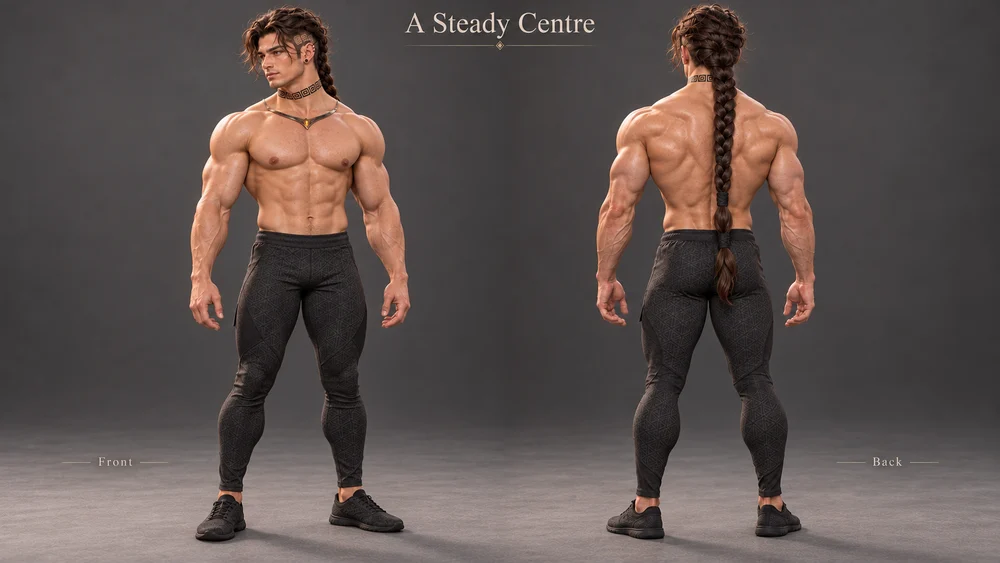 Saevren's warm-room practice appearance, with fitted dark clothing and an uncovered torso.