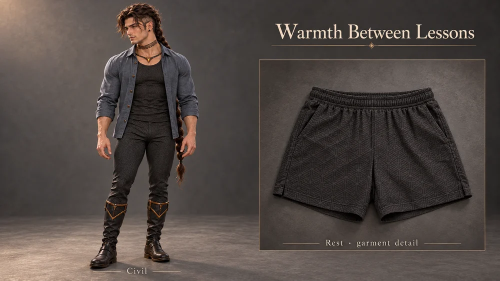 Saevren's civilian outfit and a separate garment study of his charcoal rest shorts.