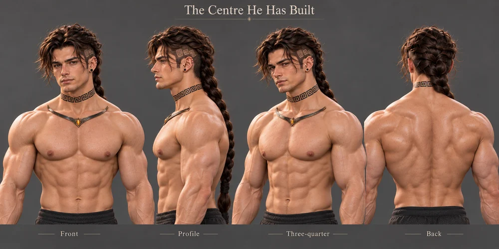 Front, profile, three-quarter and rear torso studies of Saevren's later muscular development.