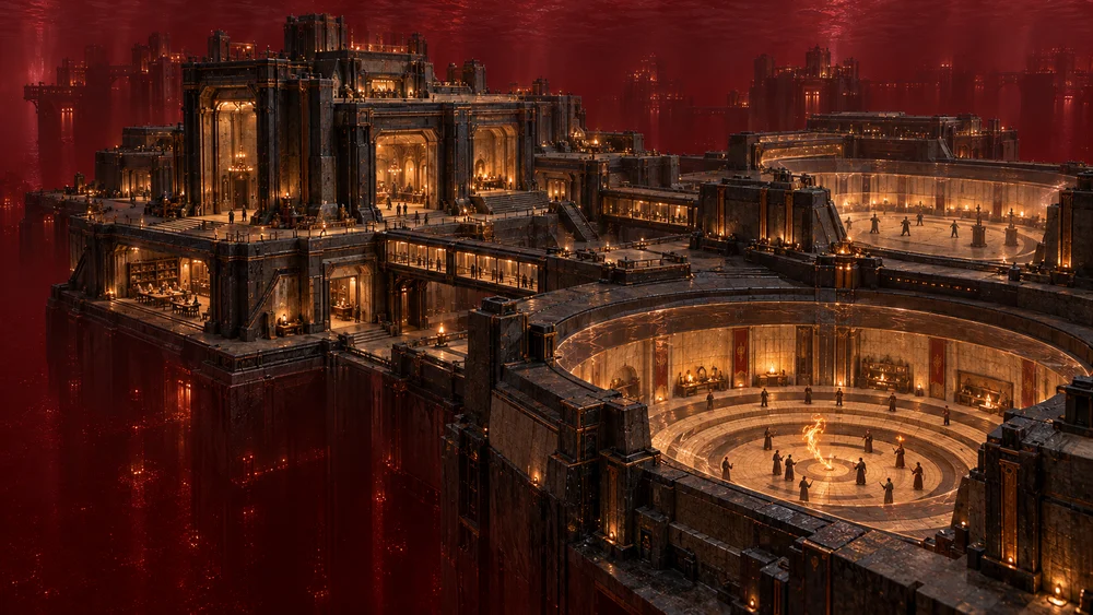 Dark mineral halls and circular training courts sheltered beneath dense red liquid bromine