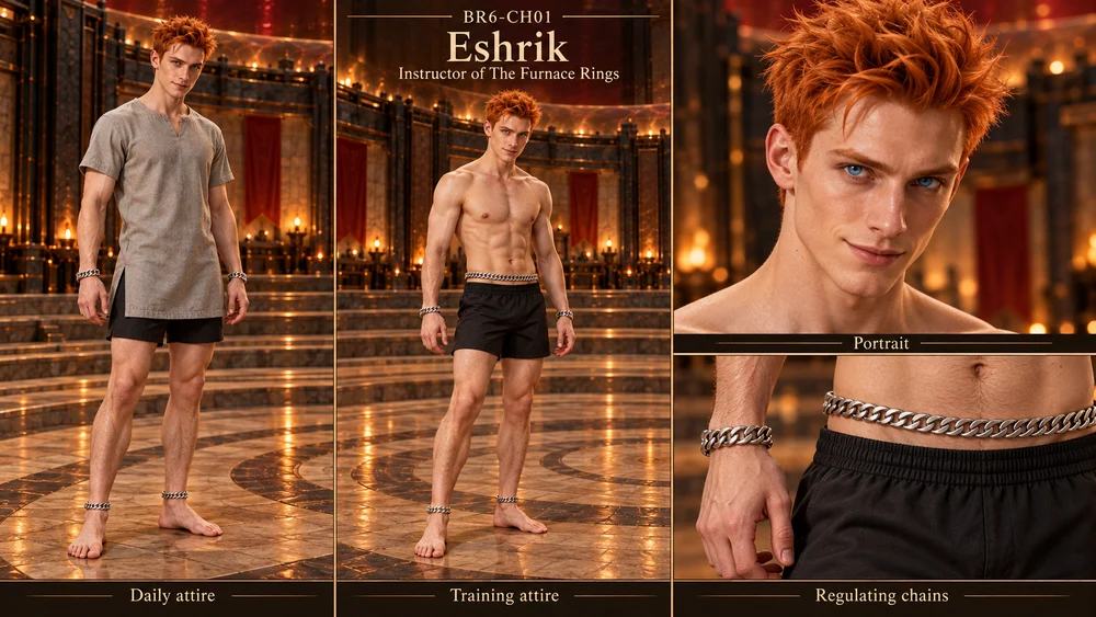 Eshrik with short raised orange hair, shown in a simple tunic and barefoot training clothes, with portrait and silver-chain details.