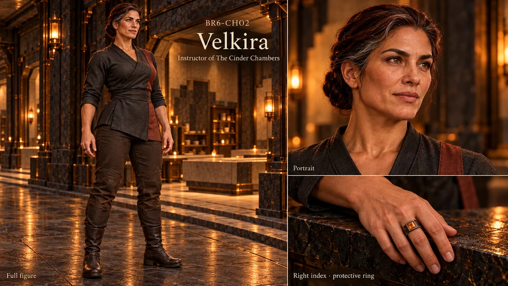 A character study of Velkira, instructor of the Cinder Chambers, with full-length and portrait views.
