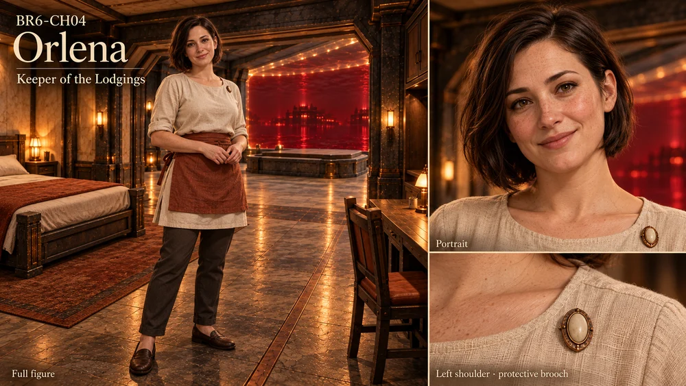 Orlena in an ivory tunic and rust apron, with short chestnut hair, a portrait and a small oval brooch detail.