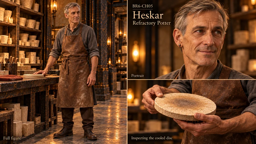 Heskar, the refractory potter, shown full length, in portrait and examining a flat ceramic disc with his hands.