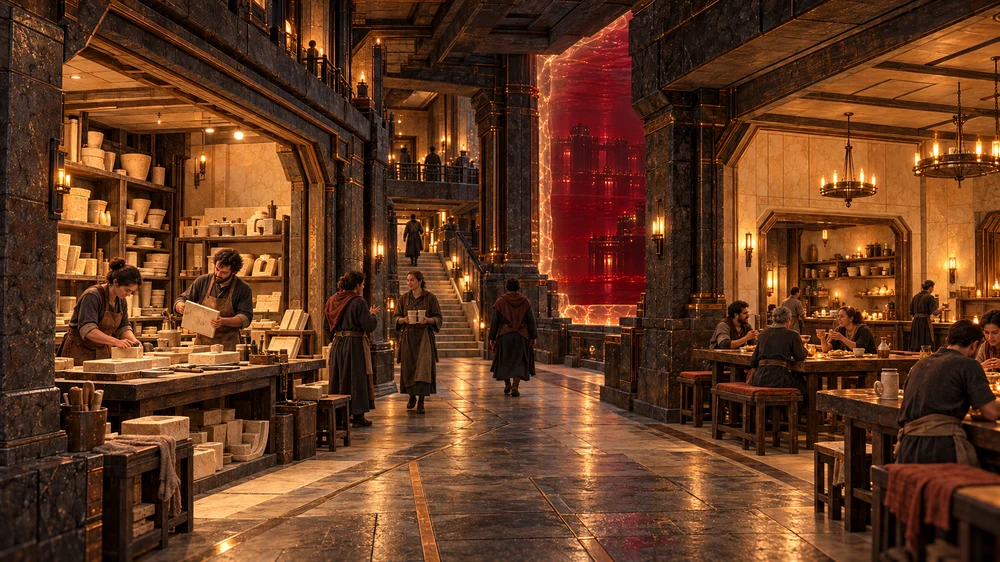 The Refractory Walk, with ceramic workshops on the left, a common dining room on the right and a dry central passage.