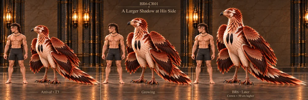 Three scale studies of Thoden beside Saevren, from arrival to his later larger size, showing four physical wings and a complete tail.