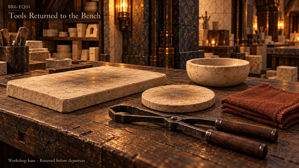 A study of five workshop loans: a refractory plate, ceramic disc, shallow bowl, wooden-handled tongs and folded rust cloth.