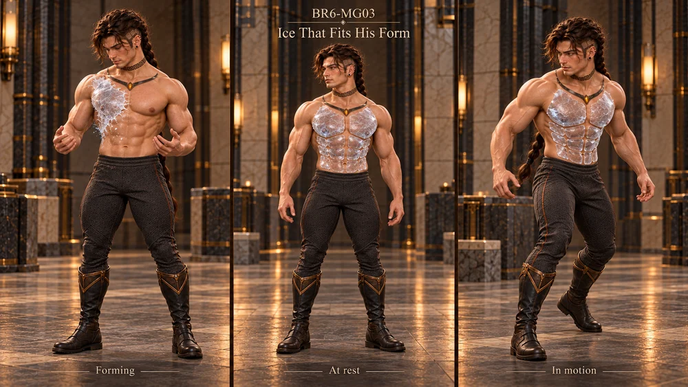 Studies of fitted translucent ice plates forming and moving over Saevren's chest and abdomen.