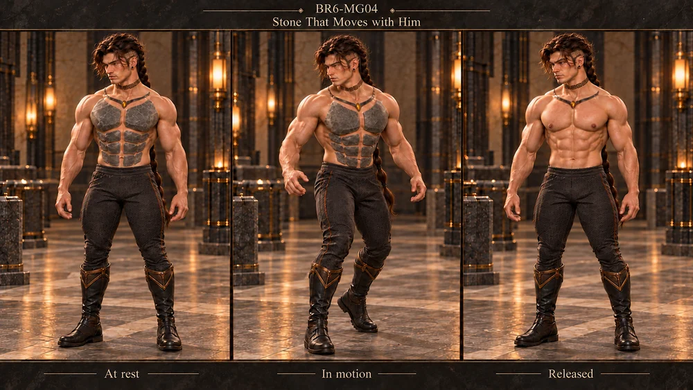 Studies of separate opaque stone plates fitted over Saevren's chest and abdomen during rest and movement.