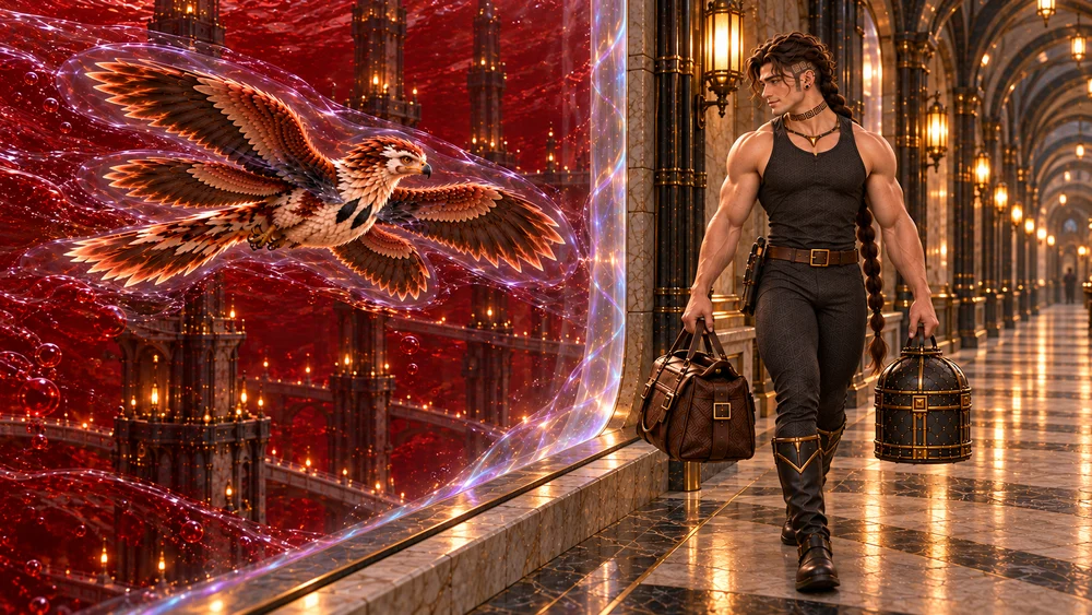 Saevren walks with his original luggage inside a dry protected gallery while four-winged Thoden flies beside him through the dark-red liquid bromine.