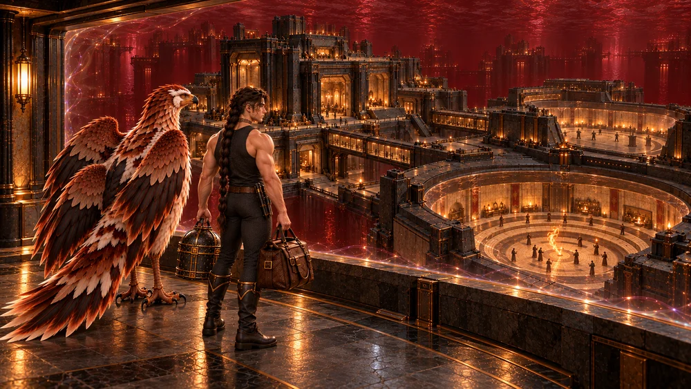 Saevren and Thoden arrive at a sheltered terrace overlooking the dark stepped halls and sunken training courts of the Ember Crucibles, surrounded by deep red liquid bromine.