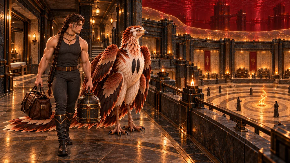 Saevren and Thoden stand in a protected gallery beside the sunken Furnace Rings, watching a controlled flame exercise while the deep red liquid bromine remains beyond the enclosing magical field.