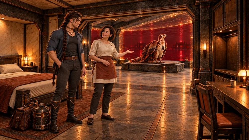 Orlena welcomes Saevren beside the bed in his new room, while Thoden stands on the broad support in the protected landing beyond. The desk and empty luggage niche remain on the right.