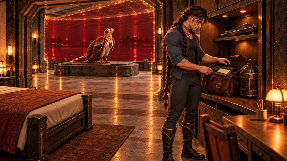 Saevren arranges clothing around two folded papers inside his travel bag in the room's right-hand luggage niche. His closed rigid case stands beside it and his folded crossbow rests above, while Thoden waits on the broad support in the protected landing.