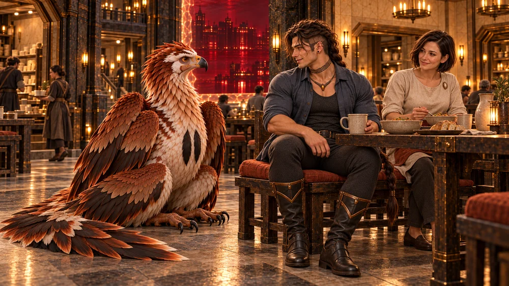 Saevren sits beside Orlena at a small supper table, holding a ceramic cup and smiling toward Thoden as the large copper-and-cream bird settles nearby on the dry floor. Warm lamps illuminate the dark mineral and pale ceramic dining hall, with red liquid bromine beyond the protective boundary.