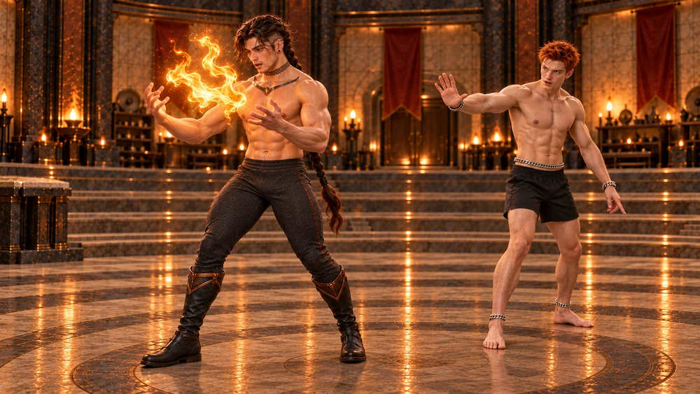 Saevren reacts as his held flame widens into uneven amber tongues between his open hands. Nearby, barefoot Eshrik raises a firm stop hand and points toward the floor, demanding that he end the effort and recover his support.