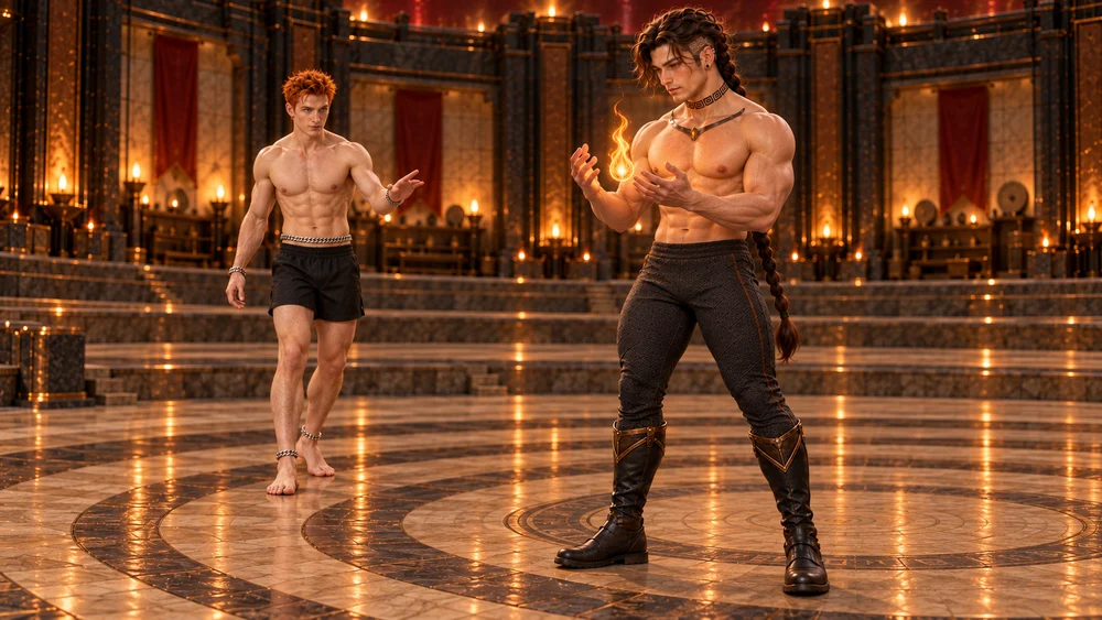 Saevren steadies a narrow amber flame between his open hands, his feet set on the dry refractory floor and his shoulders less braced. Behind him, barefoot Eshrik keeps moving and offers a short cue as the lesson continues.