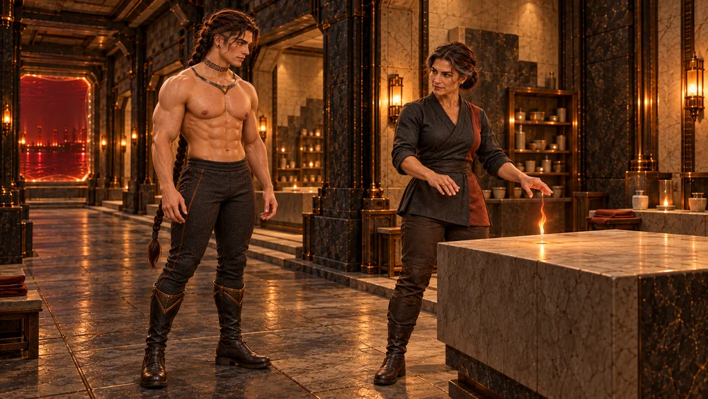In the roofed Cinder Chambers, Saevren watches Velkira demonstrate a narrow flame above a pale refractory slab. Rectangular mineral bays recede behind them, with red bromine visible beyond a protected opening at the far end of the dry gallery.