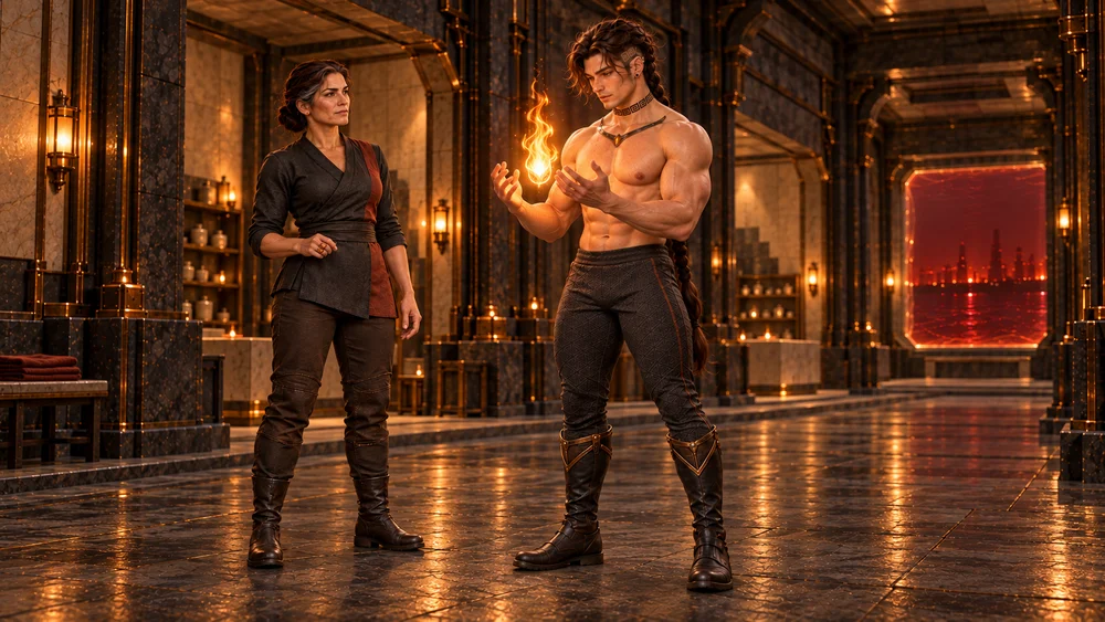 Saevren holds an upright amber flame between his open hands, his boots planted on the dry floor of the Cinder Chambers. Velkira watches beside him, with the rectangular bays and a protected red-bromine opening behind them.