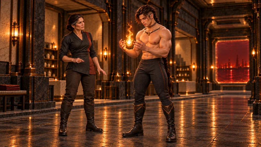 Saevren watches the amber flame between his tense, unevenly opened hands with a worried expression. Velkira observes beside him in the dry Cinder Chambers, while his full braid remains tied.