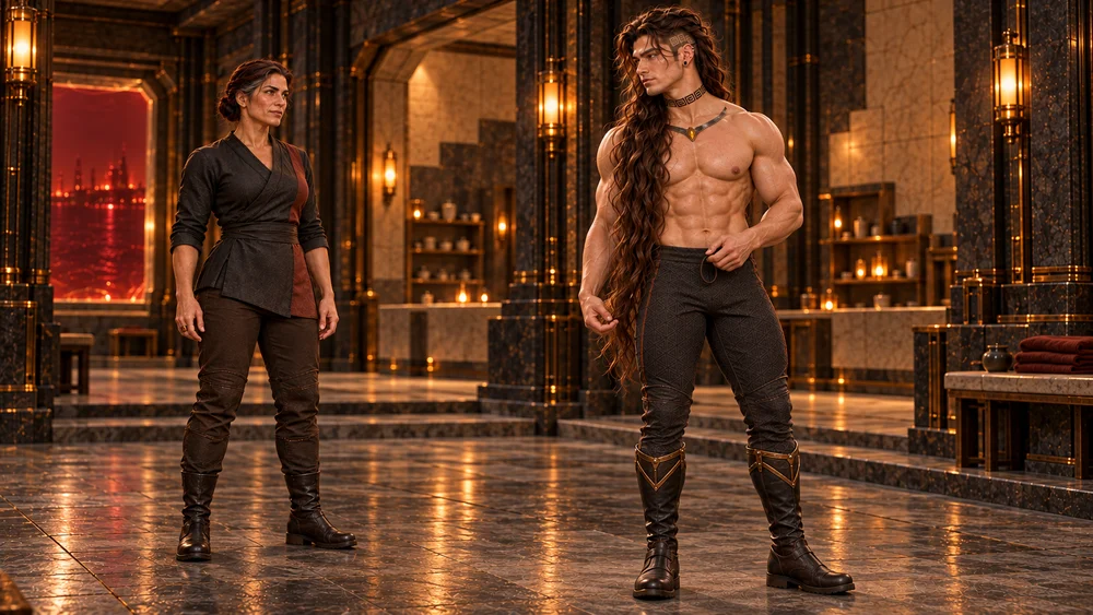 Saevren stands in the Cinder Chambers with his chestnut hair loose to his thighs, a freed lock beside one lowered hand and the removed binding in the other. His flame has gone out, and Velkira watches quietly nearby.